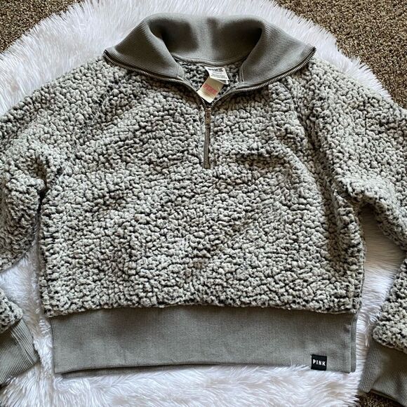 Victoria’s Secret PINK Pullover Sherpa Quarter Zip Top Crop New Women Size Small - Picture 5 of 7